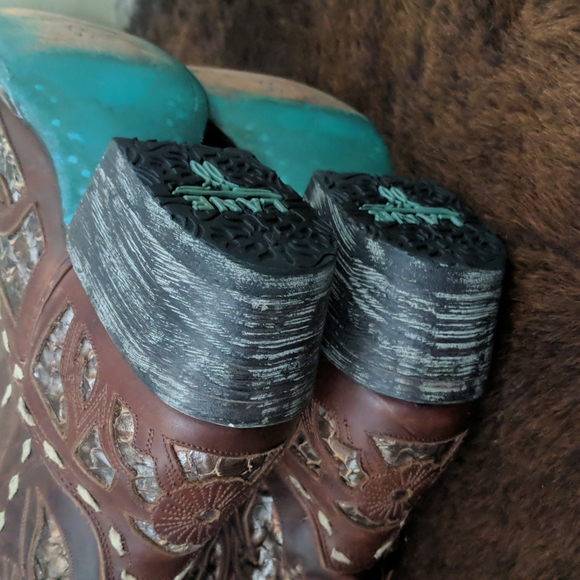 LANE "Poison" floral Chestnut brown & metallic snakeskin underlay cowgirl boots - Picture 16 of 16